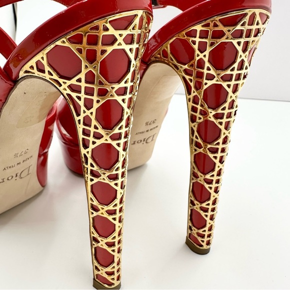 Dior Metal Cannage Strappy Peep Toe Heels Red Patent Leather - Picture 11 of 16